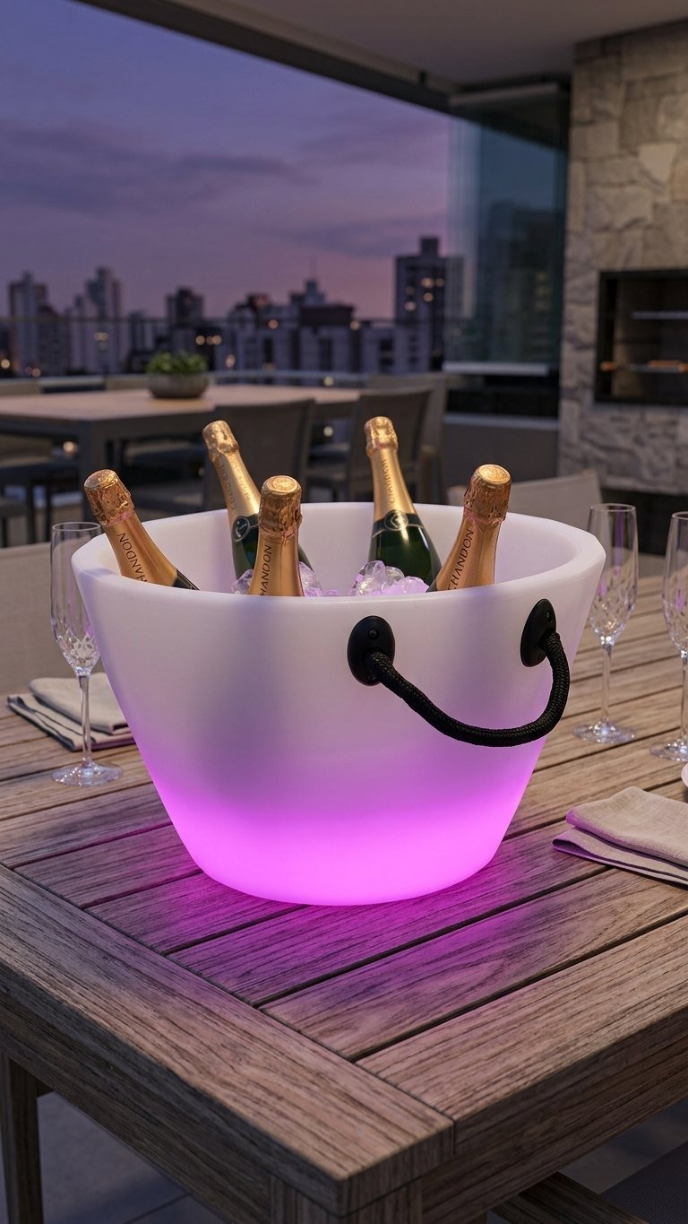 Champanheira Rainbow Party iluminada em rosa sobre mesa de madeira, com espumantes no gelo ao entardecer